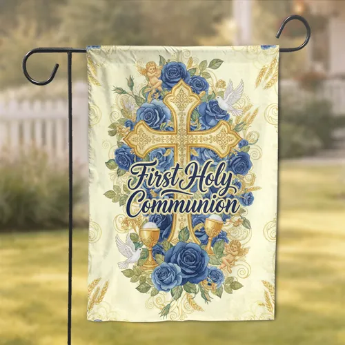 Golden Cross First Holy Communion Roses - Religious Ceremony Gift Garden Flag