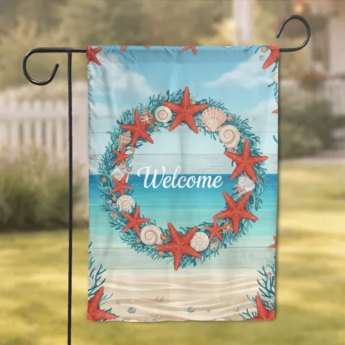 Coastal Starfish Seashell Welcome Wreath - Beach Home Decor Garden Flag