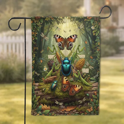 Scarab Beetle Mantis Butterflies Forest Floor - Wildlife Lover Home Decor Gift Garden Flag
