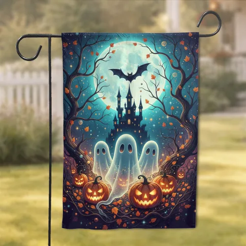 Spooky Ghosts Jack-o'-Lanterns Haunted Castle Night Sky - Halloween Decor Garden Flag