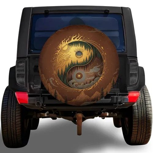 Metallic Yin-Yang Sun Mountains Forest Water - Nature Lover Gift Spare Tire Cover