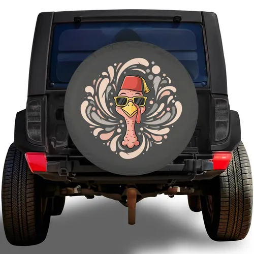 Turkey Character with Fez Hat Sunglasses Crosshatch Background - Everyday Home Decor Gift Spare Tire Cover