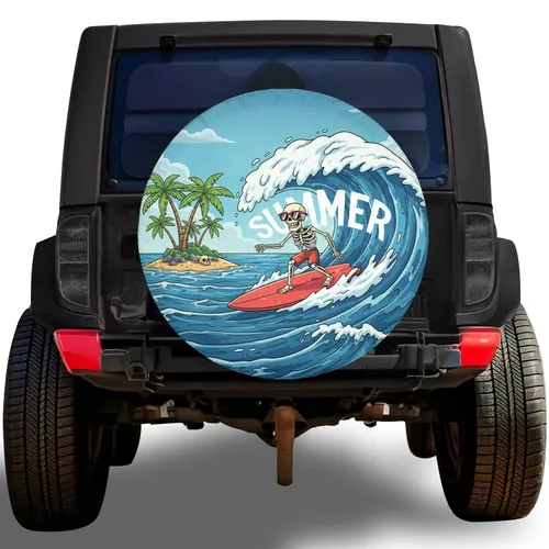 Skeleton Surfing Ocean Wave 'SUMMER' - Beach Lover Summer Lifestyle Gift Spare Tire Cover