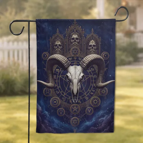 Ram Skull Pentagram Astrological Chart Dark Fantasy Decor Gift for Occult Lover Garden Flag