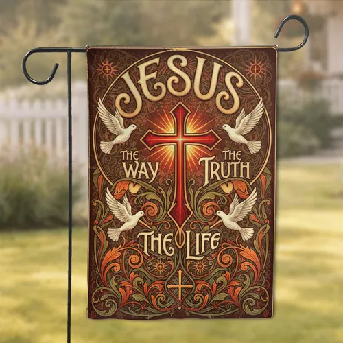 Ornate Jesus Cross Doves Scripture Floral - Christian Home Decor Gift Garden Flag