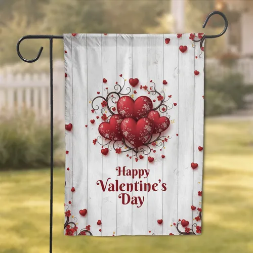 Red Hearts Floral Branches Happy Valentine's Day For Party Wooden Plank Decor Garden Flag