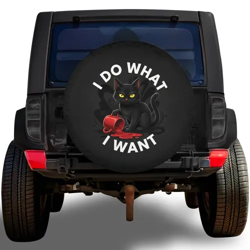 Black Cat 'I DO WHAT I WANT' Text - Independent Spirit Gift for Cat Lovers Spare Tire Cover