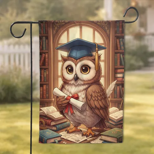 Wise Owl Graduation Cap Diploma Academic Study Books - Graduation Gift for Graduates Garden Flag