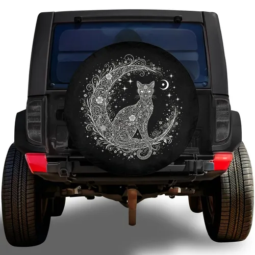 Midnight Black White Floral Cat Crescent Moon - Cat Lover Home Decor Gift Spare Tire Cover