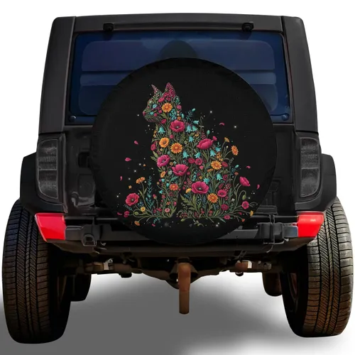 Black Background Sitting Cat Wildflower Poppies Daisies Verdant Leaves - Cat Lover Gift Spare Tire Cover