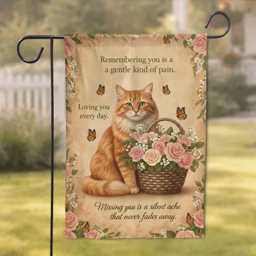 Ginger Cat Pink Roses Butterflies - Memory Loss Remembrance Comfort Gift Garden Flag