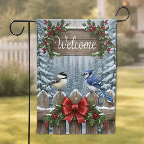 Winter Welcome Sign Chickadee Blue Jay Holly Berries - Welcome Home Decor Gift Garden Flag