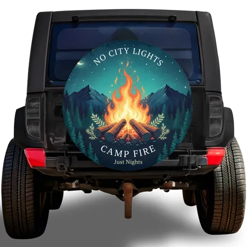 NO CITY LIGHTS CAMP FIRE Starlit Night Mountains - Camping Trip Essentials Spare Tire Cover