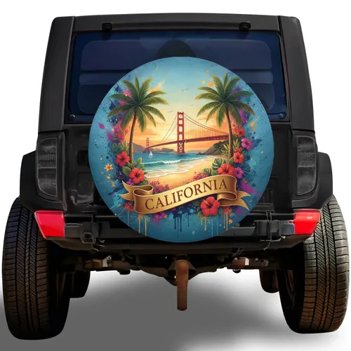 California Golden Gate Bridge Tropical Sunset Beach Palm - Travel Essentials Spare Tire Cover
