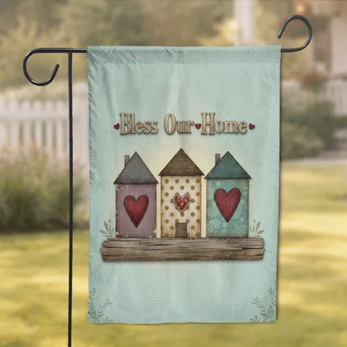 Rustic Distressed Houses Hearts Home Blessing - Housewarming Gift Garden Flag