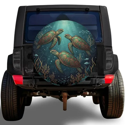 Three Sea Turtles Ocean Coral Flora Fish Underwater Scene - Ocean Lover Gift Spare Tire Cover