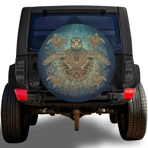 Sea Turtle Geometric Mosaic - Deep Sea Ocean Home Decor Gift for Marine Life Fans Spare Tire Cover