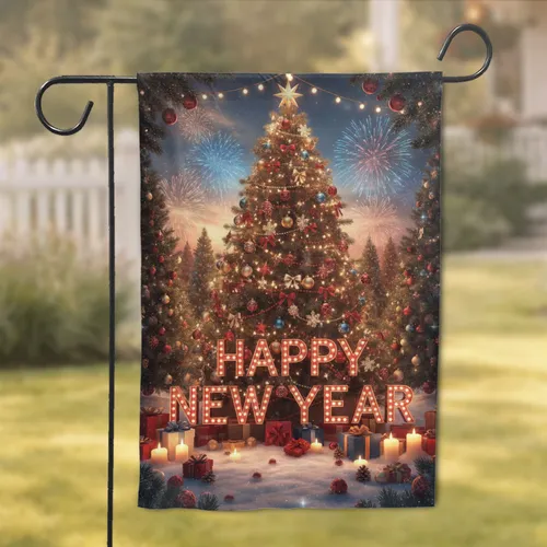 Christmas Tree Happy Year Marquee Fireworks - New Year Celebration Gift Garden Flag