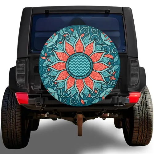 Sunflower Teal Chevron Core Coral Leopard Petals Botanical Vines - Home Decor Gift for Garden Lover Spare Tire Cover