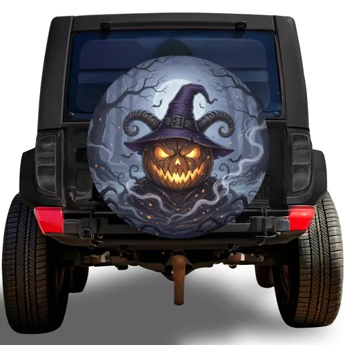 Jack-o'-Lantern Witch Hat Skeletal Horns Spooky Forest - Halloween Decor Gift Spare Tire Cover