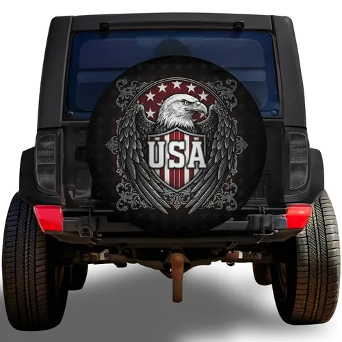 Bald Eagle USA Flag Shield Emblem with Stars - Independence Day Holiday Gift for Veterans Spare Tire Cover