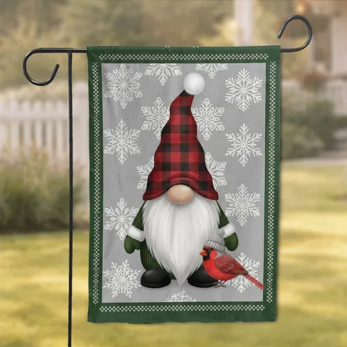 Red Plaid Gnome K Cardinal Snowflakes - Festive Christmas Home Decor Garden Flag