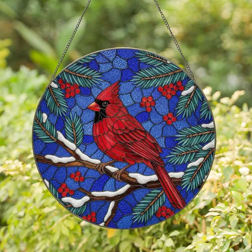 Red Cardinal Black Mask Pine Branch Winter Berries Snow - Christmas Home Decor Gift Stained Glass Suncatcher