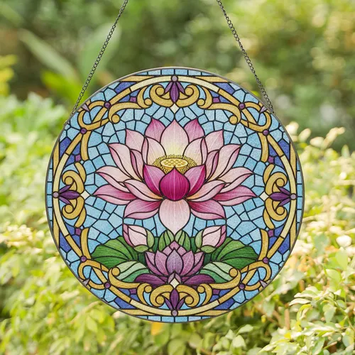 Blooming Lotus Flower Buds Leaves Scrollwork Diamond Teardrop - Home Decor Gift for Yoga Lover Stained Glass Suncatcher