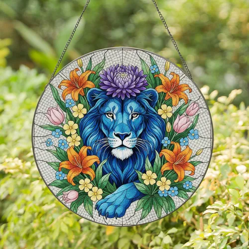 Blue Lion Head Orange Lilies Purple Aster Flowers - Wildlife Lover Decor Gift Stained Glass Suncatcher