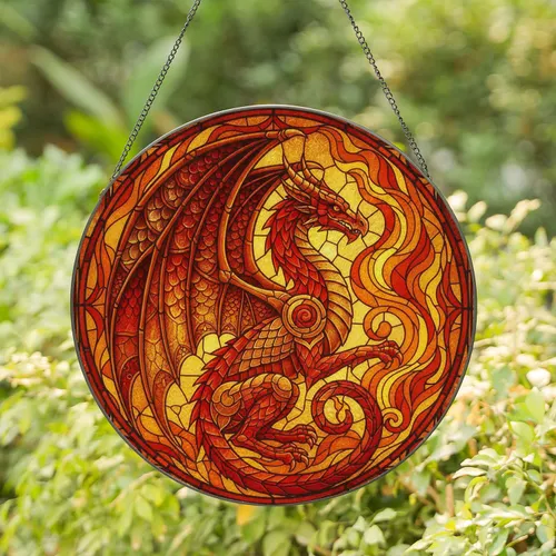 Heraldic Dragon Fiery Flames Gothic Scrollwork - Dragon Lover Home Decor Gift Stained Glass Suncatcher