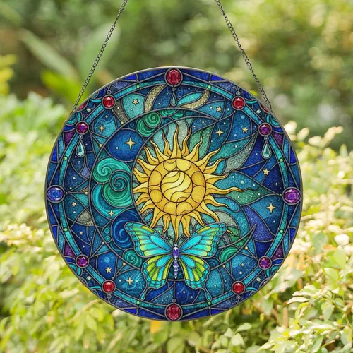 Crescent Moon Butterfly Sunburst Stars Jewel Glass Mosaic - Home Decor Lover Gift Stained Glass Suncatcher