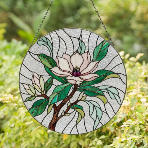 Magnolia Full Flower Bud Branch Botanical Swirls Home Decor Gift for Garden Lover Stained Glass Suncatcher