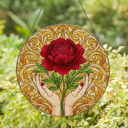Peony Flower Cupped Hands Organic Tendrils - Home Decor Gift for Flower Lover Stained Glass Suncatcher