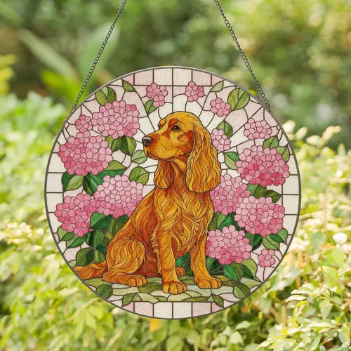 Cocker Spaniel Hydrangea Geometric Glass - Home Decor Gift for Dog Lover Stained Glass Suncatcher
