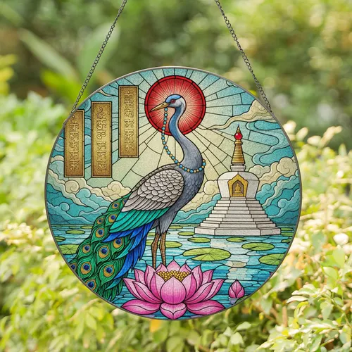 Crane Bird Peacock Feather Lotus Stupa - Wildlife Home Decor Gift Stained Glass Suncatcher