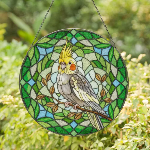 Cockatiel Bird Perched Branch - Wildlife Home Decor Gift for Bird Lover Stained Glass Suncatcher