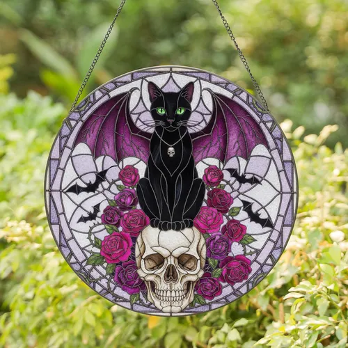 Black Cat Bat Wings Skull Roses - Gothic Home Decor Gift for Fantasy Lovers Stained Glass Suncatcher