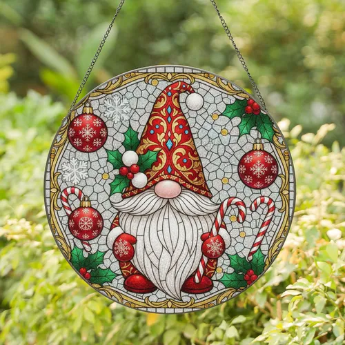 Ornate Red Hat Christmas Gnome Candy Cane Baubles Snowflakes - Christmas Home Decor Gift Stained Glass Suncatcher