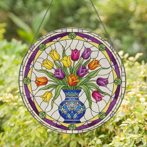 Vibrant Stained Glass Tulips Bouquet Mosaic Vase - Home Decor Gift Garden Lover Stained Glass Suncatcher