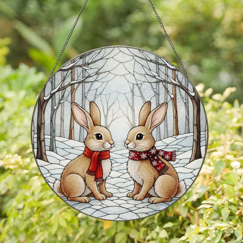 Two Rabbits Snow Winter Forest - Winter Holiday Decor Gift for Rabbit Lovers Stained Glass Suncatcher