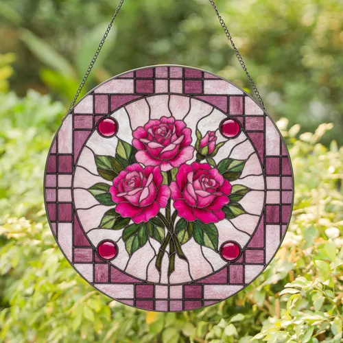 Tiffany Inspired Pink Roses Rosebud Ruby Jewels Mauve Plum Glass - Home Decor Gift Stained Glass Suncatcher