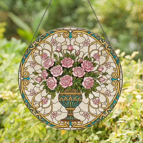 Pink Rose Bouquet Chalice Vase Golden Scrollwork Teal Floral Mosaic - Home Decor Gift for Rose Lovers Stained Glass Suncatcher