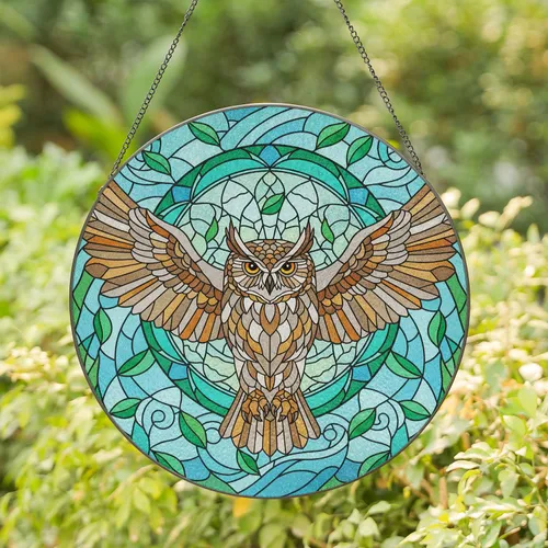 Owl Dreamcatcher Ring Green Leaves - Home Decor Gift for Wildlife Lover Stained Glass Suncatcher