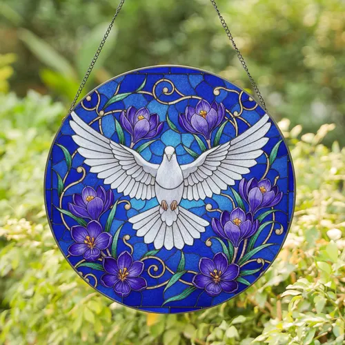 Pure White Dove Flight Crocus Floral Leafy Tendrils - Home Decor Gift for Gardeners Stained Glass Suncatcher