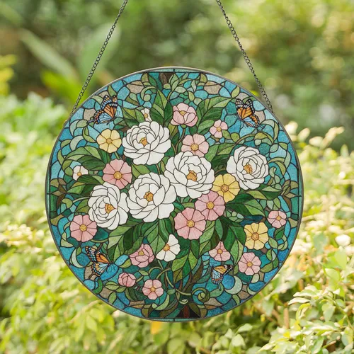 White Pink Yellow Floral Bouquet Butterflies Mosaic Home Decor Gift for Garden Lover Stained Glass Suncatcher