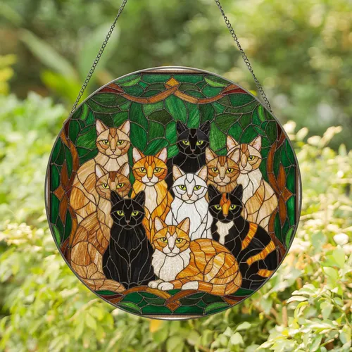 Foliage Background Multibreed Cat Group Stained Glass Mosaic - Home Decor Gift for Cat Lover Stained Glass Suncatcher