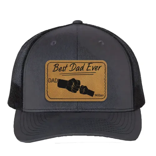 Personalized Best Dad Ever, Father's Day Gift For Dad, Hat For Husband, Dad And Kid Name Leather Patch Snapback Trucker Cap