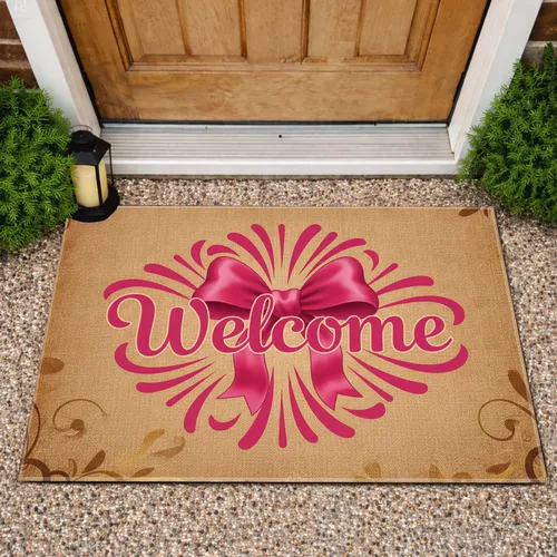 Welcome Script Fuchsia Bow Wavy Border Woven Texture - Rustic Home Decor Gift for New Homeowners Doormat