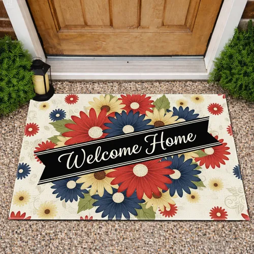 Welcome Home Patriotic Daisy Flowers - Farmhouse Home Decor Gift Doormat