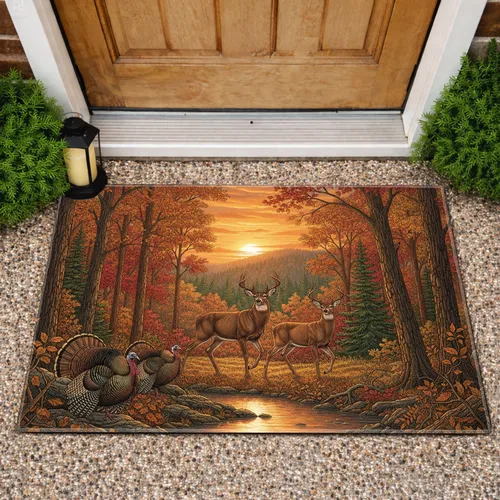 Deer Family Wild Turkeys Autumn Forest Sunset - Wildlife Lover Home Decor Gift Doormat
